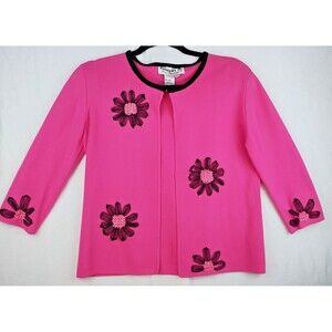 JOSEPH A. 3/4 Sleeve Pink Cardigan W Black Embroidered Flowers & Trim Size Large
